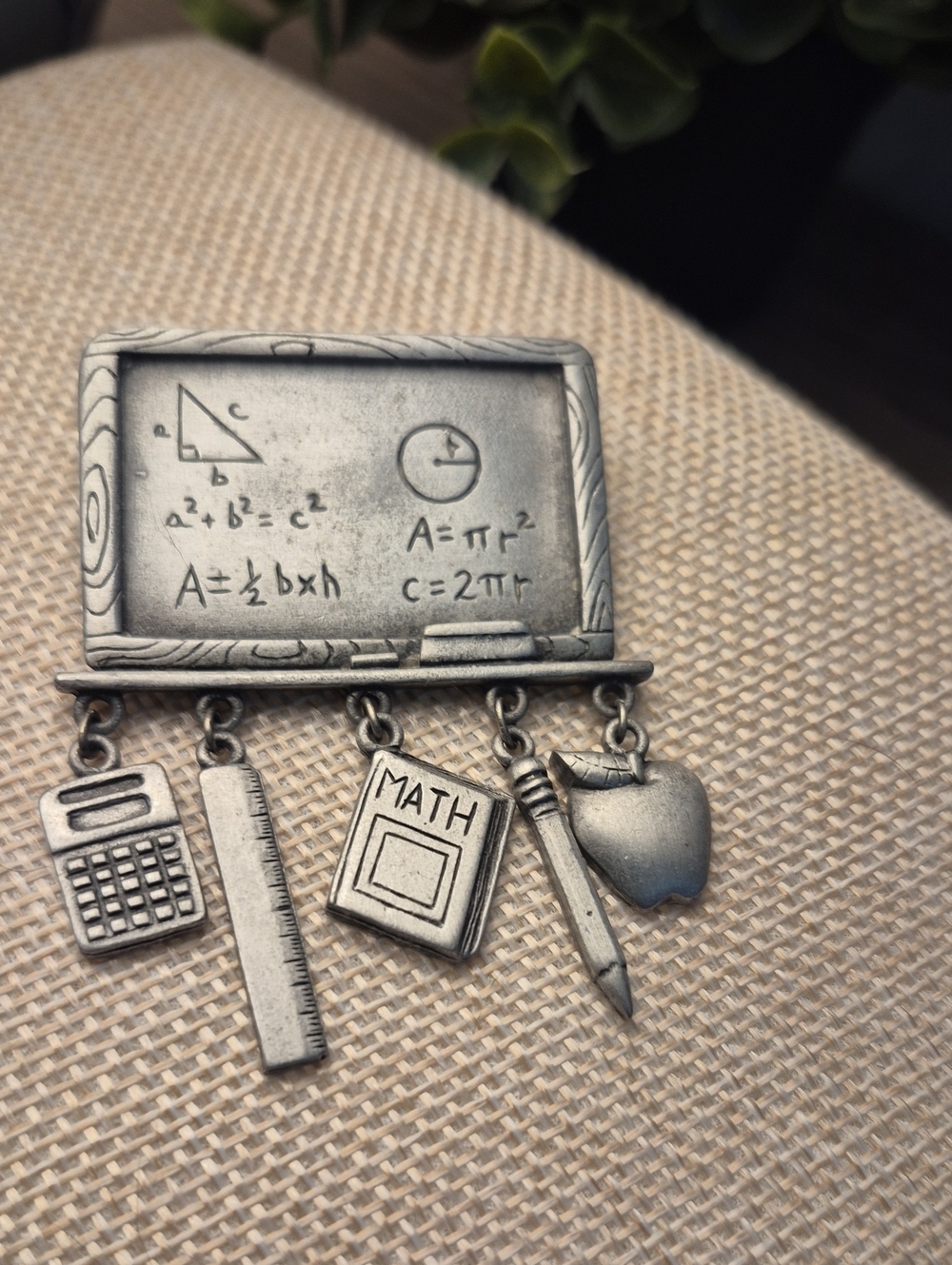 Vintage JJ Jonette Pewter School Teacher Math Chalkboard Charm Brooch Pin
